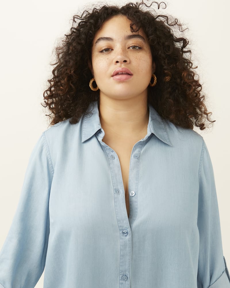 Front of plus size Tabitha Chambray Button-Down Tunic by East Adeline | Dia&Co | dia_product_style_image_id:186203